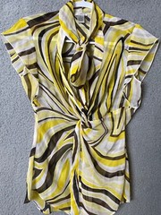 VTG Cache Blouse Top Womens M Yellow Black White Swirl Neck Ties Secretary Cool