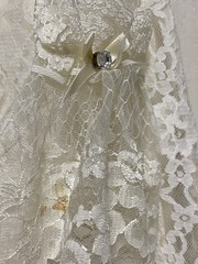 Vintage 80’s Ivory Lace & Acetate Puff S/S Dress W/Lace Fingerless Gloves