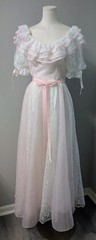 Vintage 60’s Pink Flocked Hearts White Lace Gown Dress Ruffles Southern Belle S