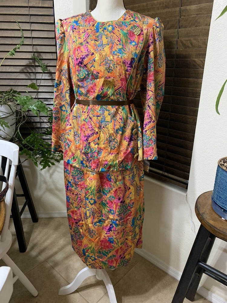 New Jodi Scott York Abstract Floral Multicolor Blouse Skirt Vintage 14W 2 Piece