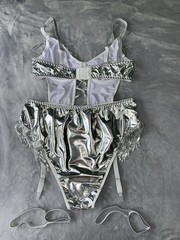 NEW Metallic Silver PU Teddy Bodysuit 1X Garters & Bands Sequins Tassels FUN!!