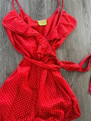 Vintage 1950’s Ruffle Wrap Red Polka-Dot/Raised Dot Romper, Size Small
