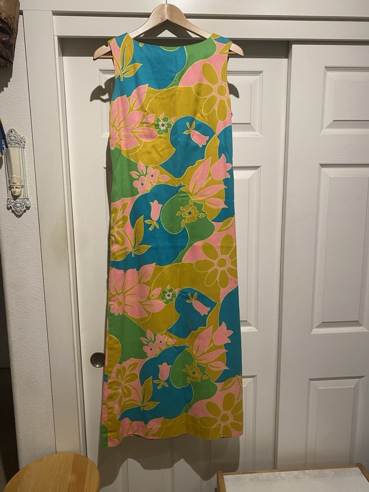 VINTAGE ALICE POLYNESIAN FASHIONS HAWAIIAN FLORAL SLEEVLESS RETRO MOD MAXI DRESS