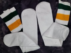 VTG 80’s 2 Thick Stripe Tube Socks 23″ long Standard Size Green Yellow White NOS
