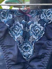Vintage Silky Navy Polyester Nylon Panties Sheer Lace Hi Cut Bikini Briefs SZ.5