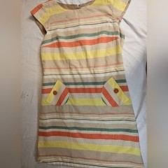 R&K Originals Vintage Stripe Shift Dress Yellow Orange Green Mod Pockets Size 14