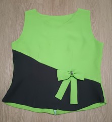 Vtg 60s 70s Crepe Lime Green Bow Tie Color Block Top Blouse career business S
