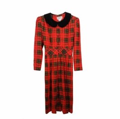 VINTAGE L.G. STAR RED PLAID W/ BLACK VELVET COLLAR CHRISTMAS PLAID DRESS POCKETS