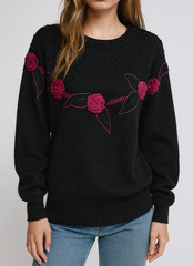 Vintage 80s Cedars Black Sweater Rose Appliqué Angora Silk Blend Size M