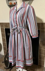 Vintage 1970s Dress Serbin Fit and Flare Striped Shirtdress Sz Large