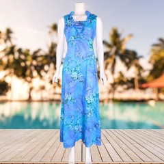 VTG 60’s Kimo’s Polynesian Shop Hawaiian Barkcloth Maxi Ruffle Dress S/M