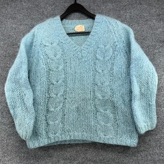 Carol Brent Vintage Mohair Wool Cable Knit Sweater V-Neck Blue Made in Italy