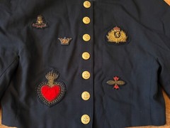 Size 40 Vintage MONDI Military 80s U.S. 10 Jacket & Skirt set blue patches women