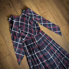 Vintage 1950s Black Red Tartan Plaid Dress Neck Tie Sleeveless Fit Flare XS