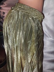 VTG Y2K SILKY GOLD FOIL SHINY SATIN CRYSTAL PLEATS SKIRT SWEEP FLARE M – XL