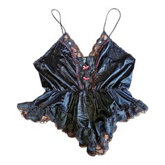Vintage 80s Black Lace Lingerie Tank Top Ruffle Bow Large Whimsigoth Romantic