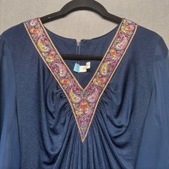 Vintage 70s? Kaftan Maxi Gown V-Neck Angel Sleeve Navy Blue M/L Boho Retro Glam