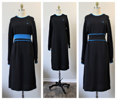 Vtg 80s NOS Halston Color Block black teal waist band knit sweater Dress M/L