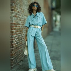 Vintage 1970s Collegian of California Sky Blue Leisure Suit Pant Set