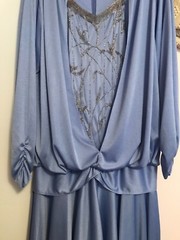 VTG CREST FASHIONS DRESS SIZE 14 SILVERY BLUE LONG SLV W/CLEAR BEADED TRIM ILGWU