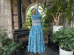 Vintage 1950s Blue White Floral Cotton Sleeveless Dress Jo White Wounded Bird