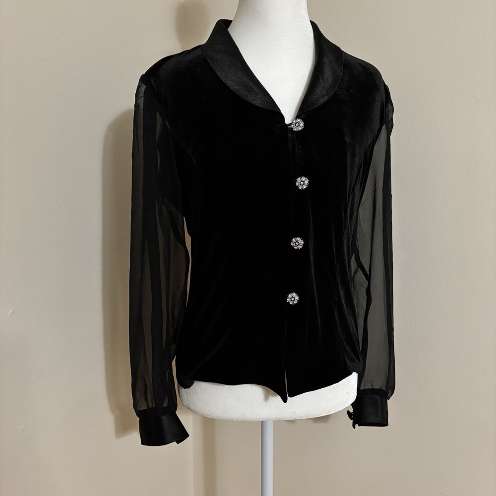 Another Thyme Women’s Black Vintage Velvet Sheer Sleeve Satiny Blouse Goth