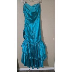 Vintage Zum Zum Teal Satin Sequin Mermaid Prom Dress Bow 80s 90s Size 10