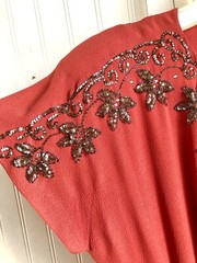 1940’s Coral Silk Crepe Silver Sequin Floral Cocktail Dress