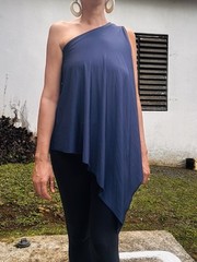 90s Vintage Boutique One shoulder asymmetric Navy Blue Long Blouse Top Dress M
