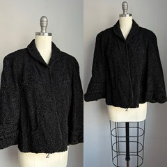 Vintage 1940’s Jet Black Curly Lamb Fur Cape Jacket Coat Size S/M