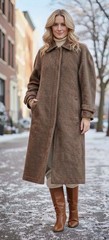 Long Wool Coat Tweed Herringbone Vtg Krizia Overcoat Brown Preppy Italy 90s