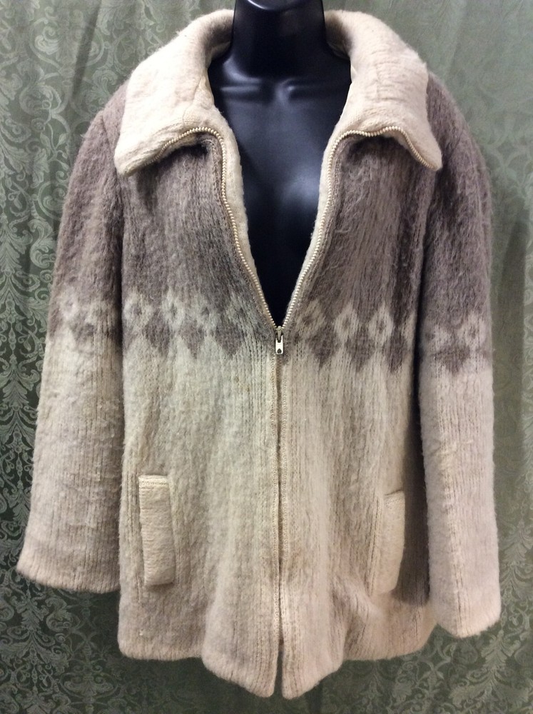 Vintage Hilda Ltd Made In Iceland Virgin Wool Sweater Jacket Coat L tan ivory
