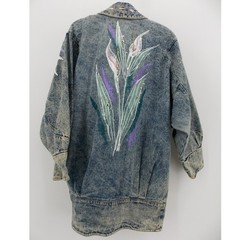 Vintage Hand Painted Blue Acid Wash Floral Studded Denim Jacket SMALL Maximalist