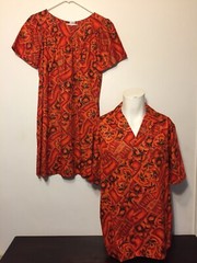 Vintage 60s NEW Hawaiian Honeymoon Set Dress M Shirt L Orange Red His Hers Aloha