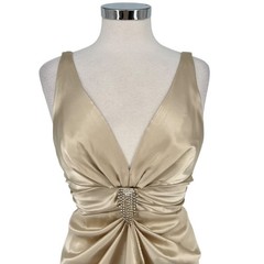 Faviana Vintage 90s Champagne Satin Rhinestone Empire Waist Gown Dress Size 7/8