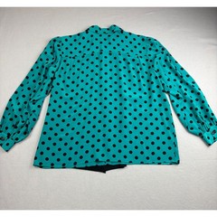 Vintage 90s Josephine Secretary Blouse Large 16 Turquoise Black Polka Dot Bow
