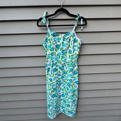 Vintage The Vested Gentress Floral Hand Screened Print Strap Dress Blue Green