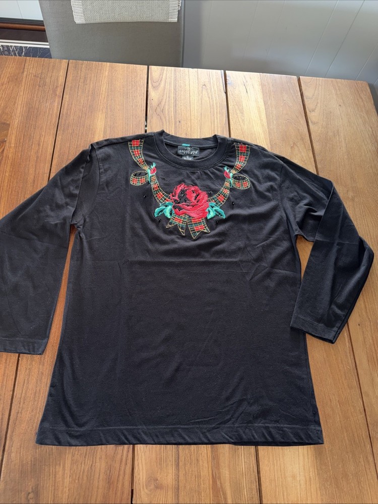 CAROLE LITTLE Black Knit Top Sz S Red Rose Embroidery Sequins LS