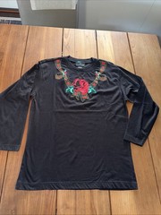 CAROLE LITTLE Black Knit Top Sz S Red Rose Embroidery Sequins LS