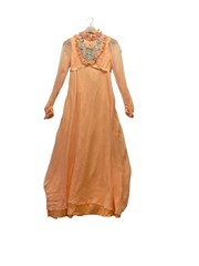 VINTAGE Orange Peach Floral Embroidered 70s MAXI GOWN DRESS See Measurements Vtg