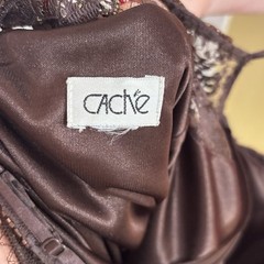 Cache Brown Silk Beaded Lace Handkerchief Hem Dress Women’s M Fits S Vintage