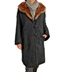 Vintage Black Persian Lamb & Mink Belted Genuine Fur Coat Curly Embroidered 38″