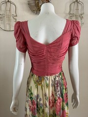 1930s 40s Rayon Crepe Dress Ruched Knot Bodice Floral Bias Skirt Talon Zip AS-IS