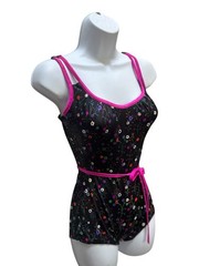 Vtg 80s Gabar Ditsy Floral Bathing Suit 10 One Piece Belt Tie Black Colorful Wow
