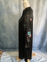 Vtg 60s British Lady Black Union Made Poly Dress Sheer Floral Sleeves 18.5 P M/L