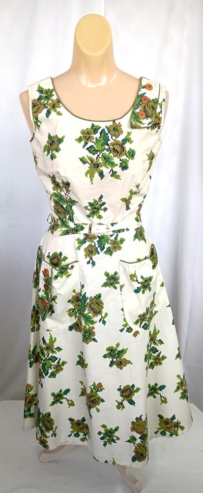 Vintage 60s Kenrose 2 Pc White/Green Floral Sleeveless Cotton Day Dress XS/SM