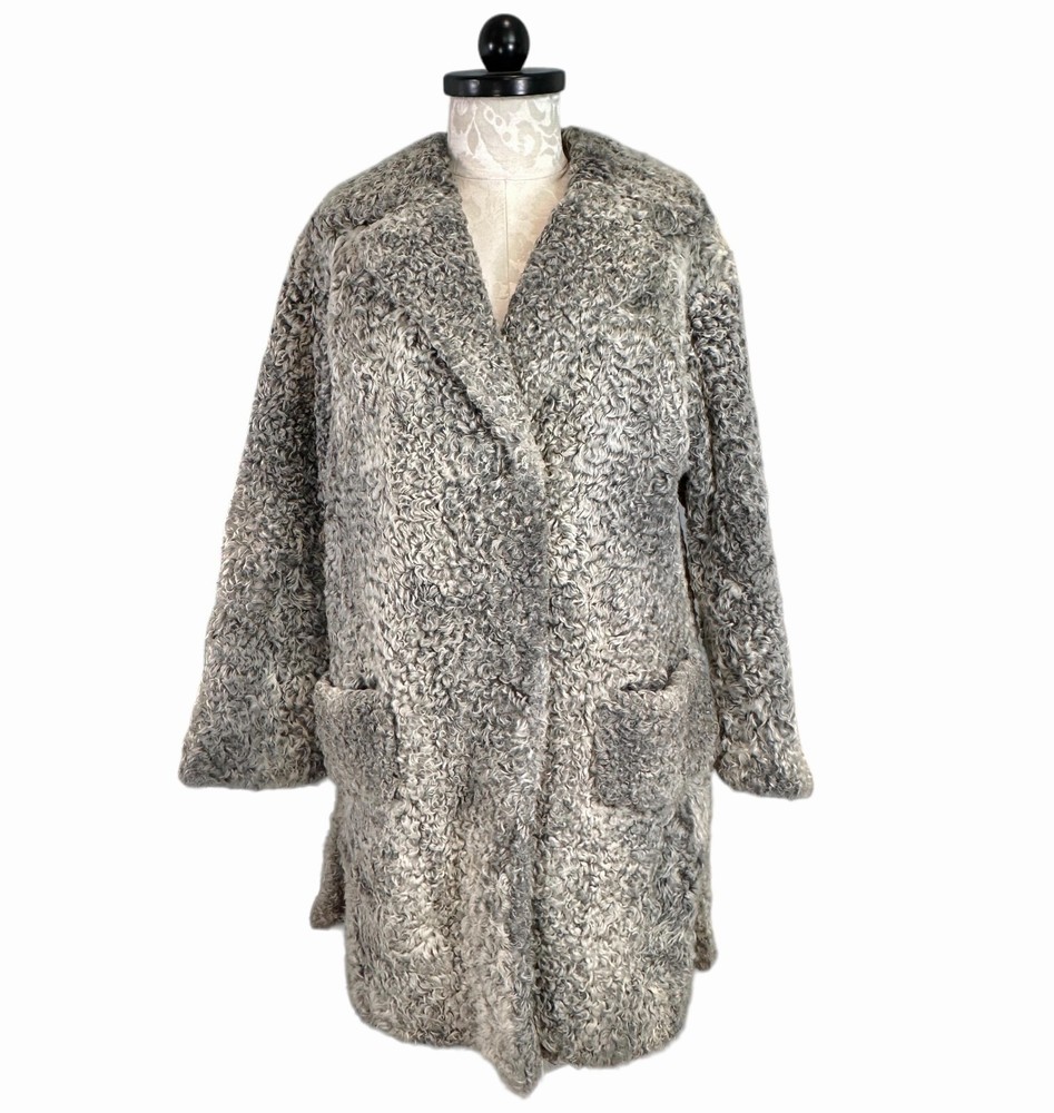 Vintage Pelzmoden Welschoff Astrakhan Karakul Curly Lamb Long Coat Gray