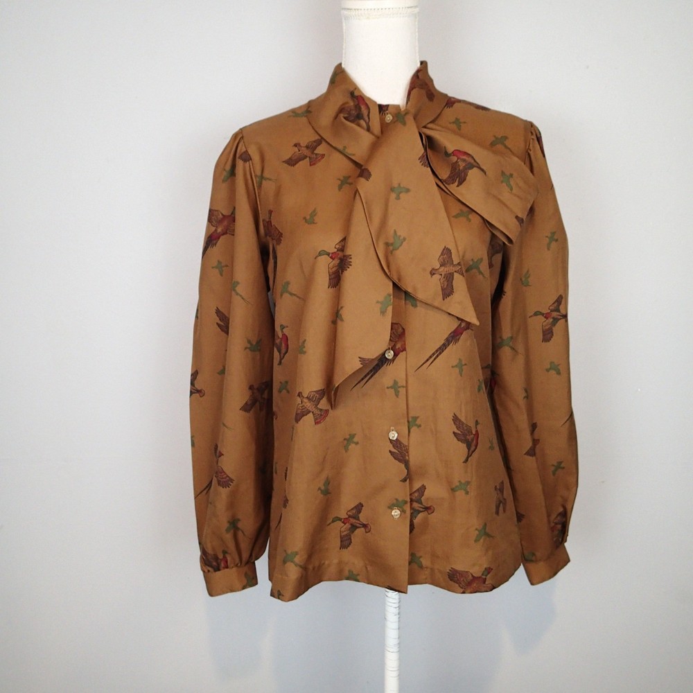 vtg Jantzen Women’s Button-Up Shirt birds Tie Neck blouse top sz 12