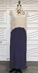 Vintage 1930s White & Navy Blue Polka Dot Crepe Silk Shift Dress Pussy Bow Tie