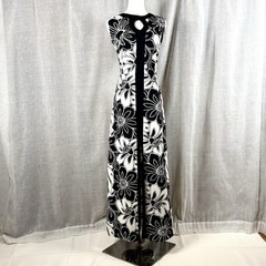 Vintage Black And White Mod Maxi Dress Size Large Floral Hawaiian Tiki Sz Large